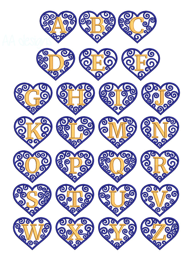 Valentine heart embroidery font. Machine embroidery alphabet for instant download. BX format also