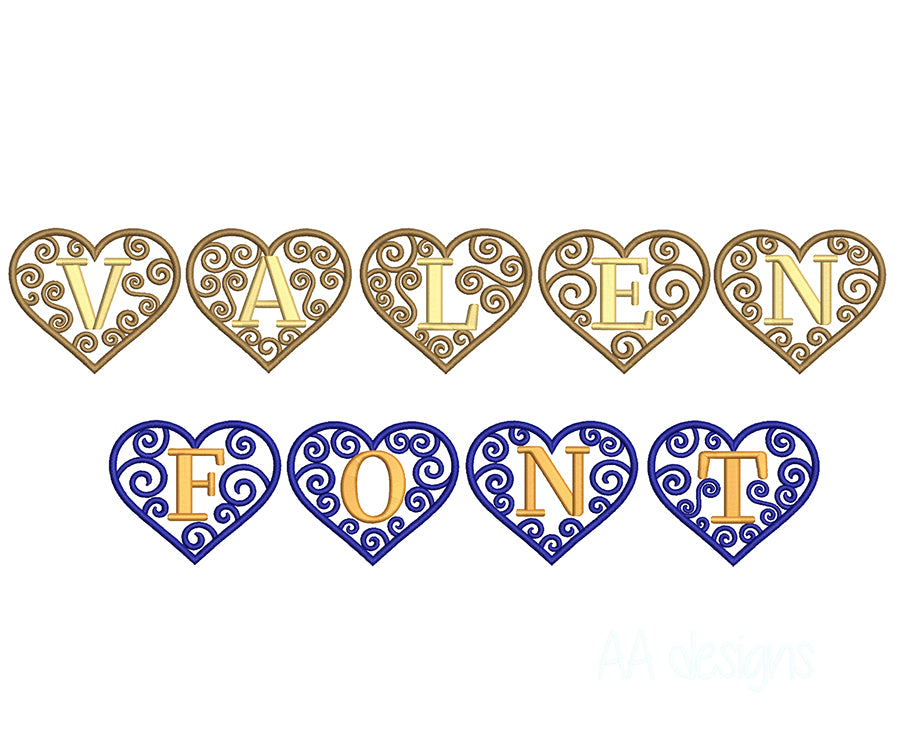 Valentine heart embroidery font. Machine embroidery alphabet for instant download. BX format also