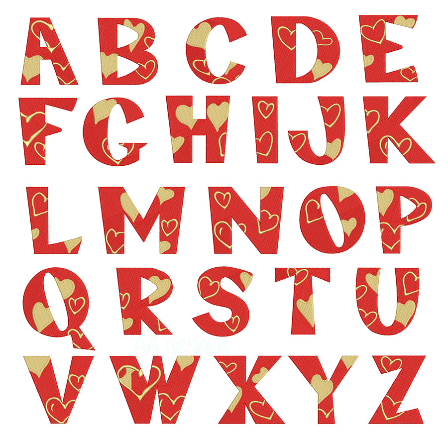 Valentine heart embroidery font. Machine embroidery alphabet for loving valentine. BX format