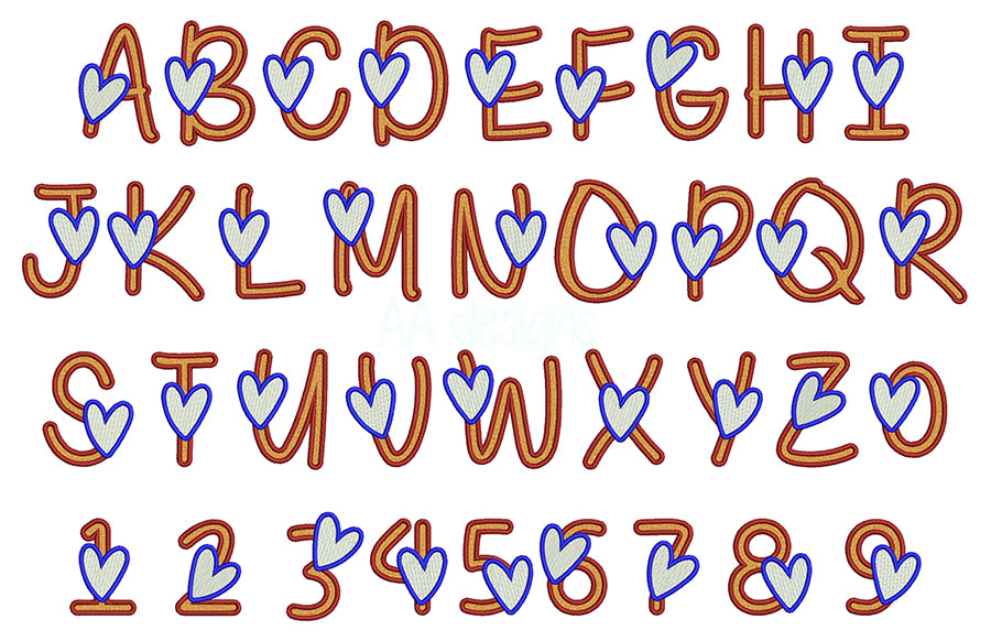 Valentine heart embroidery font. Machine embroidery alphabet for instant download. BX format
