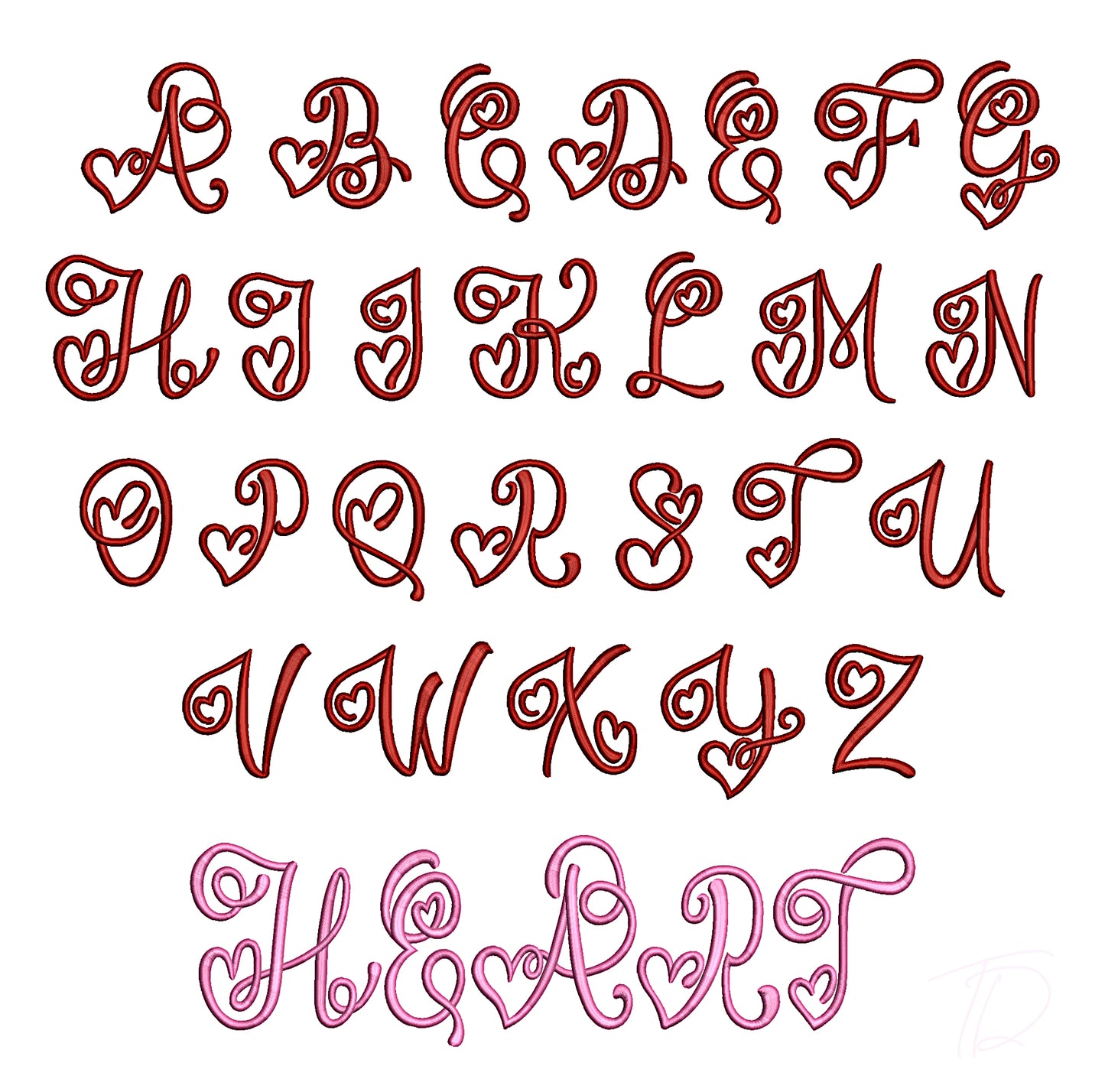 Heart 3D puff embroidery digital font. Machine embroidery heart alphabet 3D puff foam. BX format