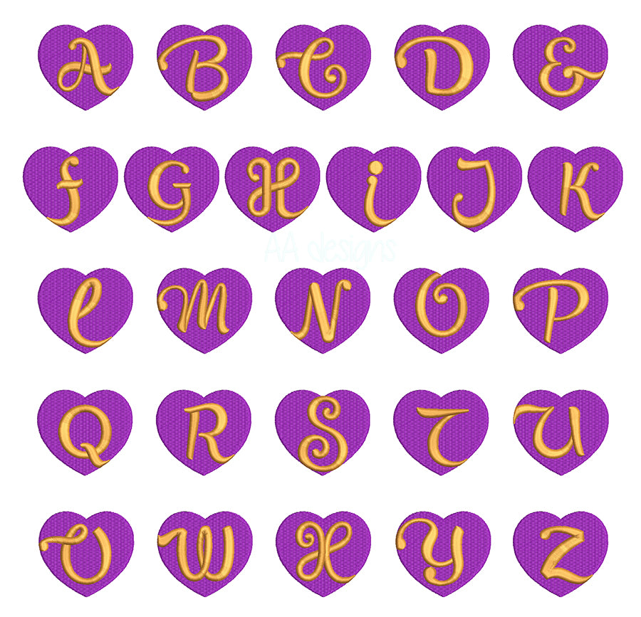 Heart embroidery digital font in 3D puff. Embroidery font for instant download.