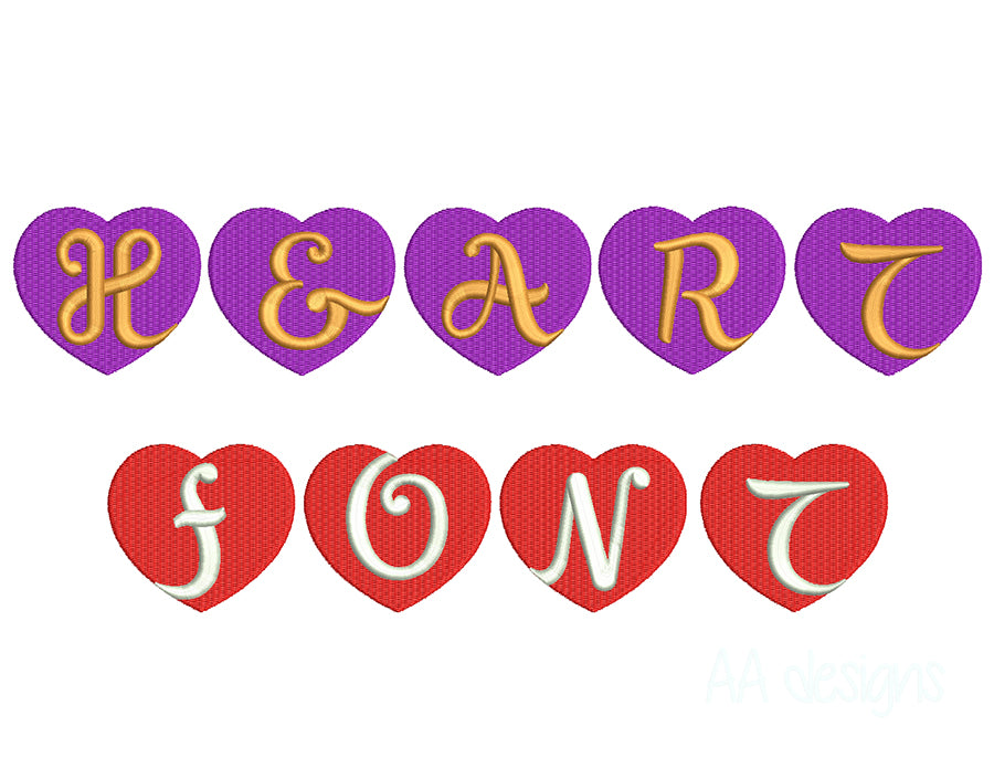 Heart embroidery digital font in 3D puff. Embroidery font for instant download.