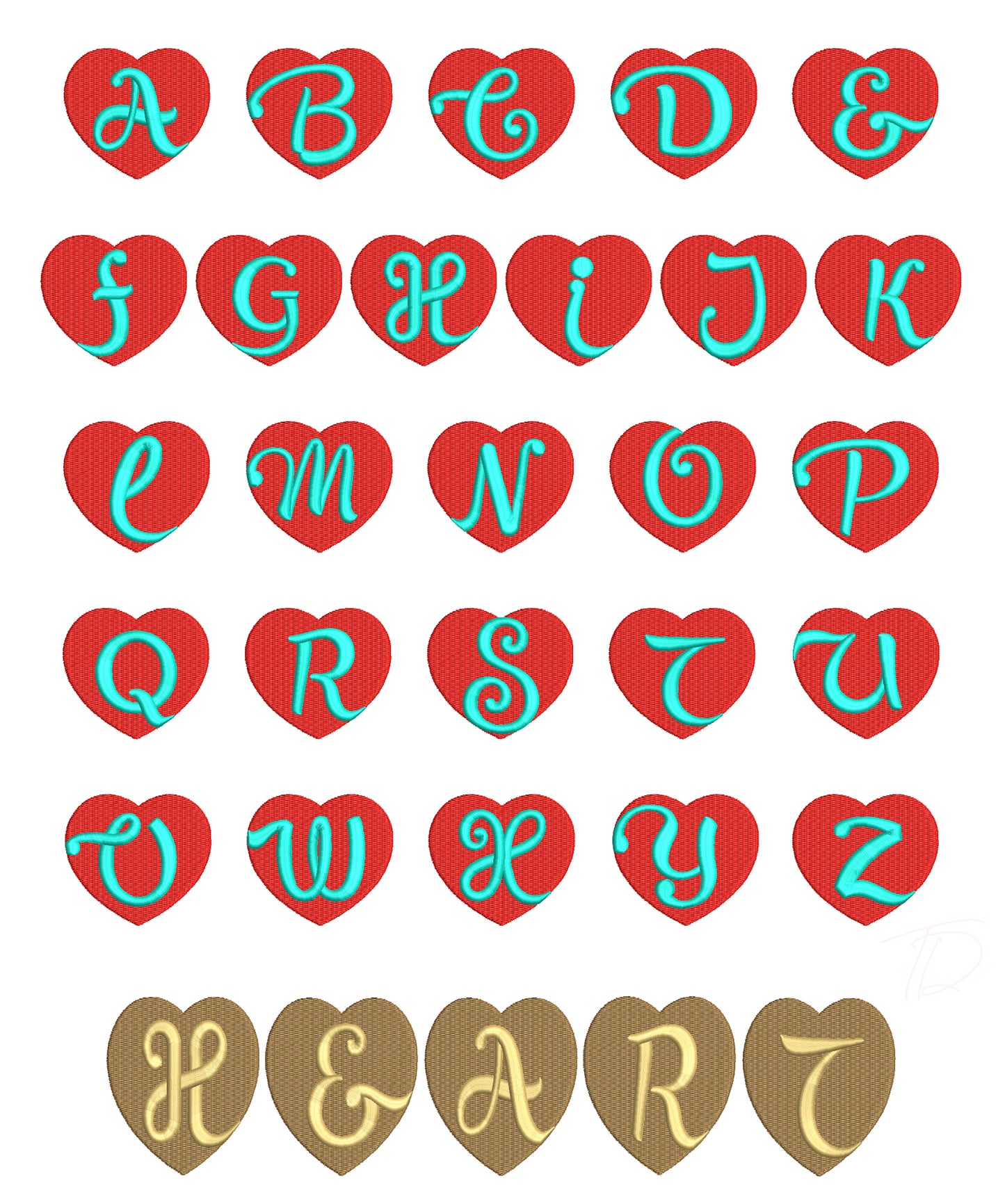 Heart embroidery digital font in 3D puff. Embroidery font for instant download.
