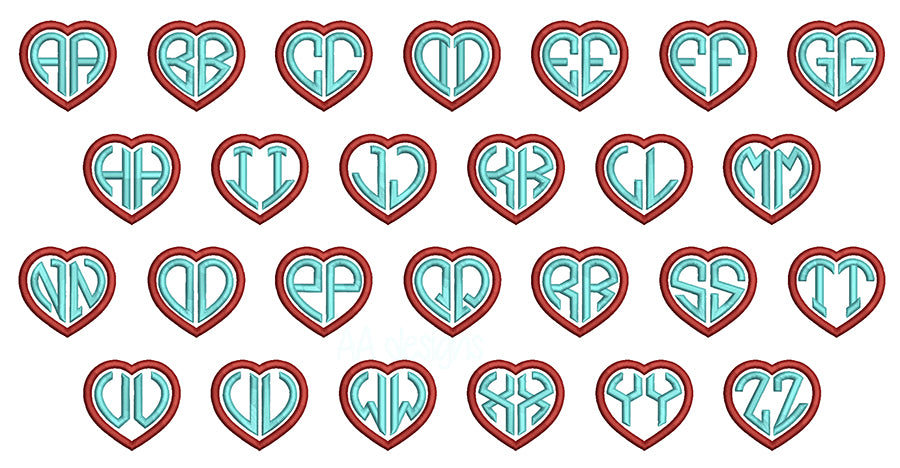 Heart embroidery digital font. Heart monogram in 3D puff foam. BX PES DST embroidery font