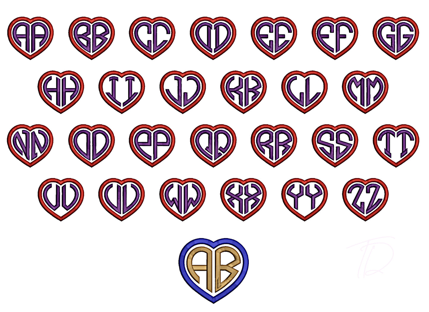 Heart embroidery digital font. Heart monogram in 3D puff foam. BX PES DST embroidery font