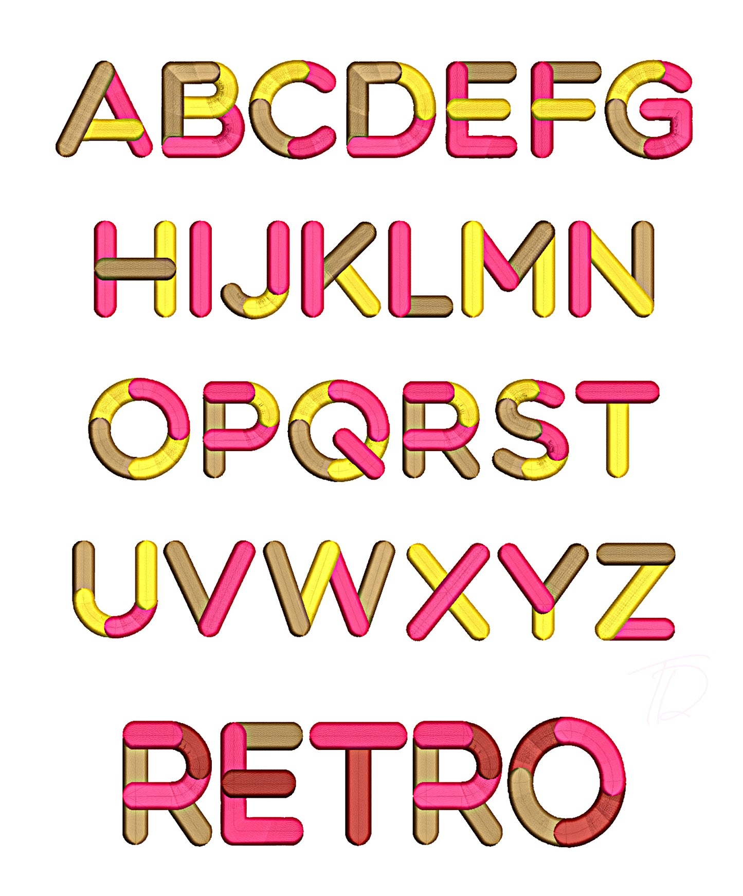 Retro 3D puff embroidery digital font. Embroidery alphabet in 3D puff foam. BX PES DST embroidery font