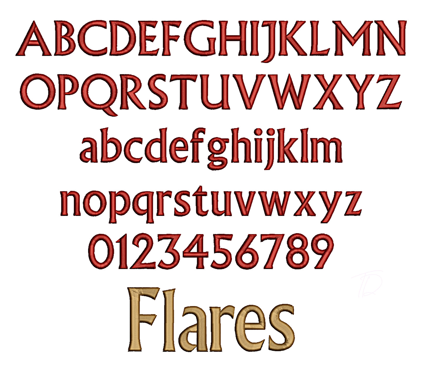 Flares embroidery font in 3D puff. Machine embroidery font in 3D puff digital file for instant download. PES DST BX and all files for your embroidery machine