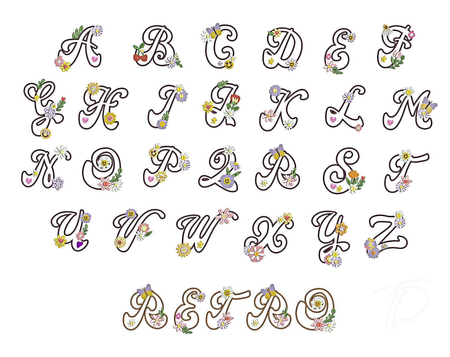 Groovy Retro Applique embroidery digital font. Machine embroidery alphabet in applique. Embroidery font, embroidery alphabet, embroidery monogram font. BX format