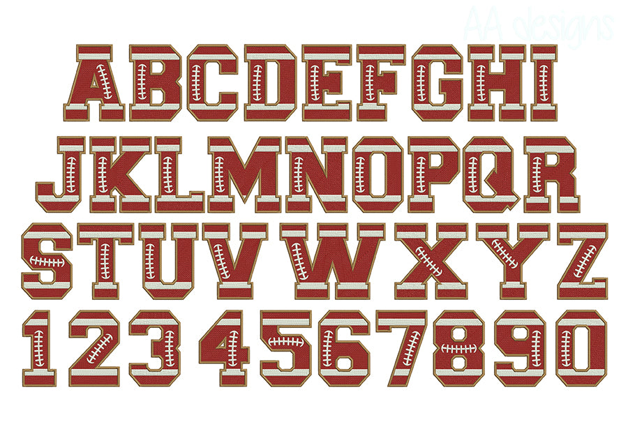 Football embroidery digital font. Full fill stitch embroidery font in football.