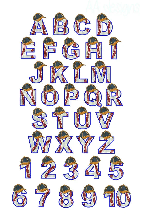Baseball full stitch embroidery digital font. Machine embroidery alphabet with baseball hat. BX PES DST files.