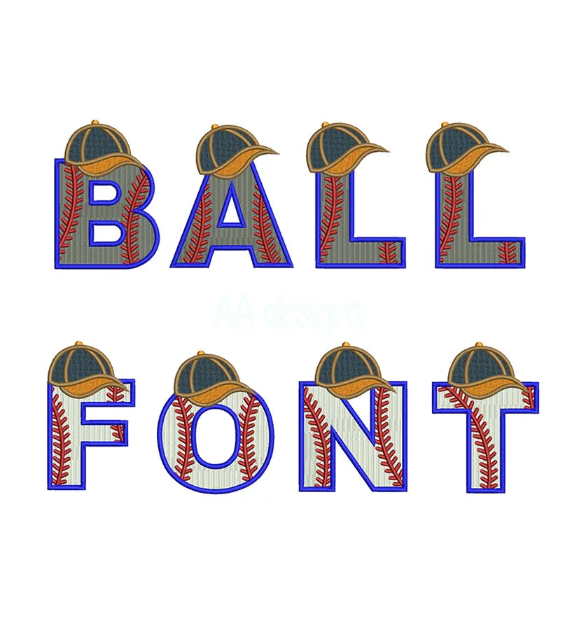 Baseball full stitch embroidery digital font. Machine embroidery alphabet with baseball hat. BX PES DST files.
