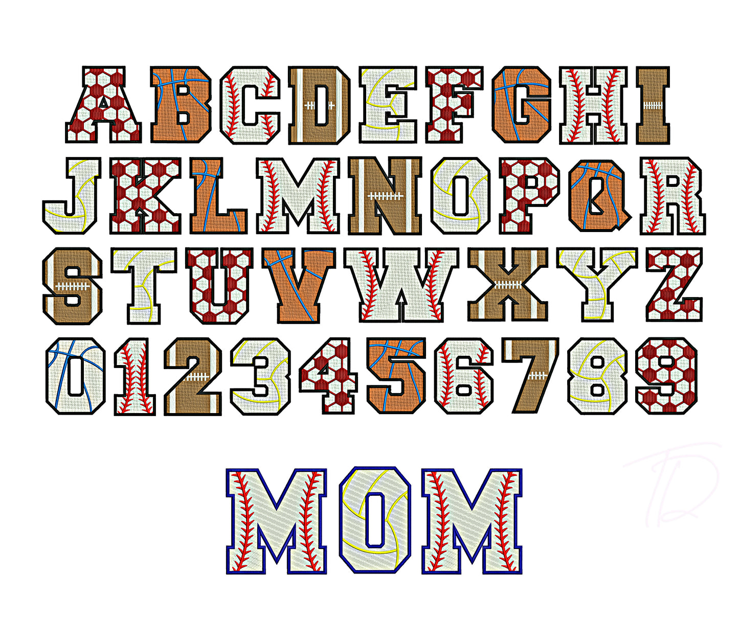 Sport embroidery digital font. Embroidery font in sport full fill stitch. PES DST BX file