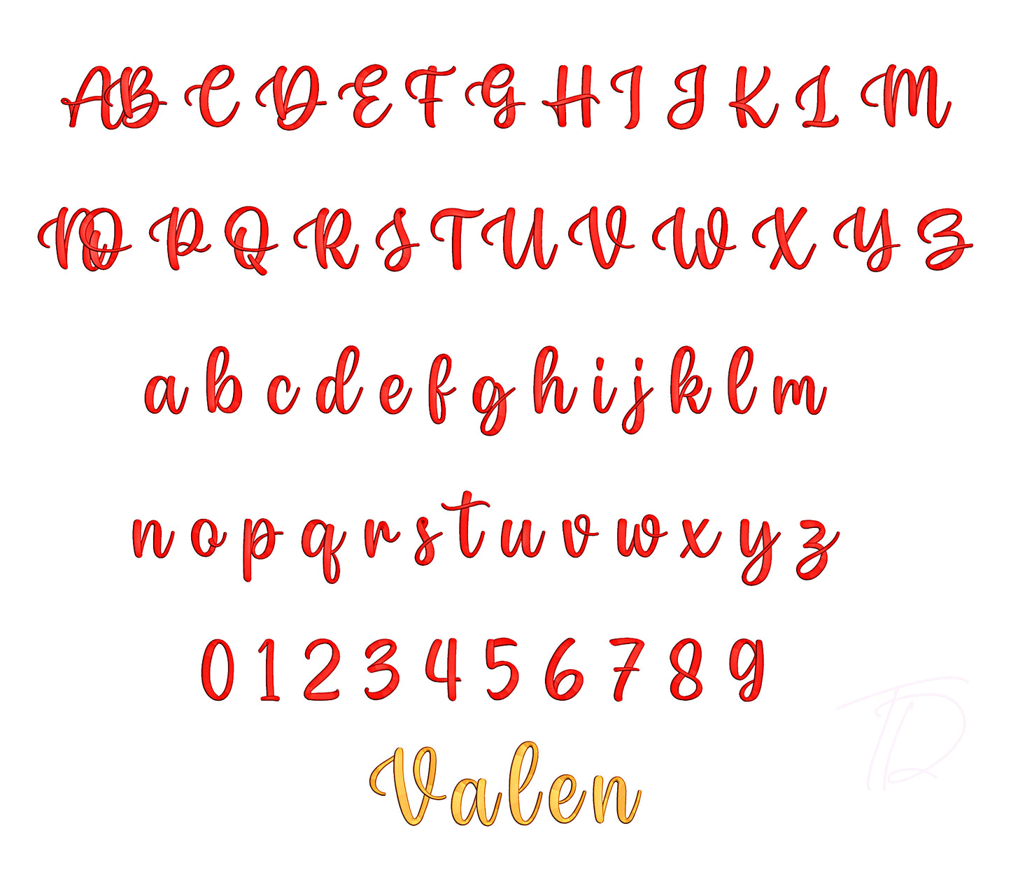 Valentina 3D puff embroidery digital font. Machine embroidery alphabet in 3D puff foam. BX PES DST embroidery font