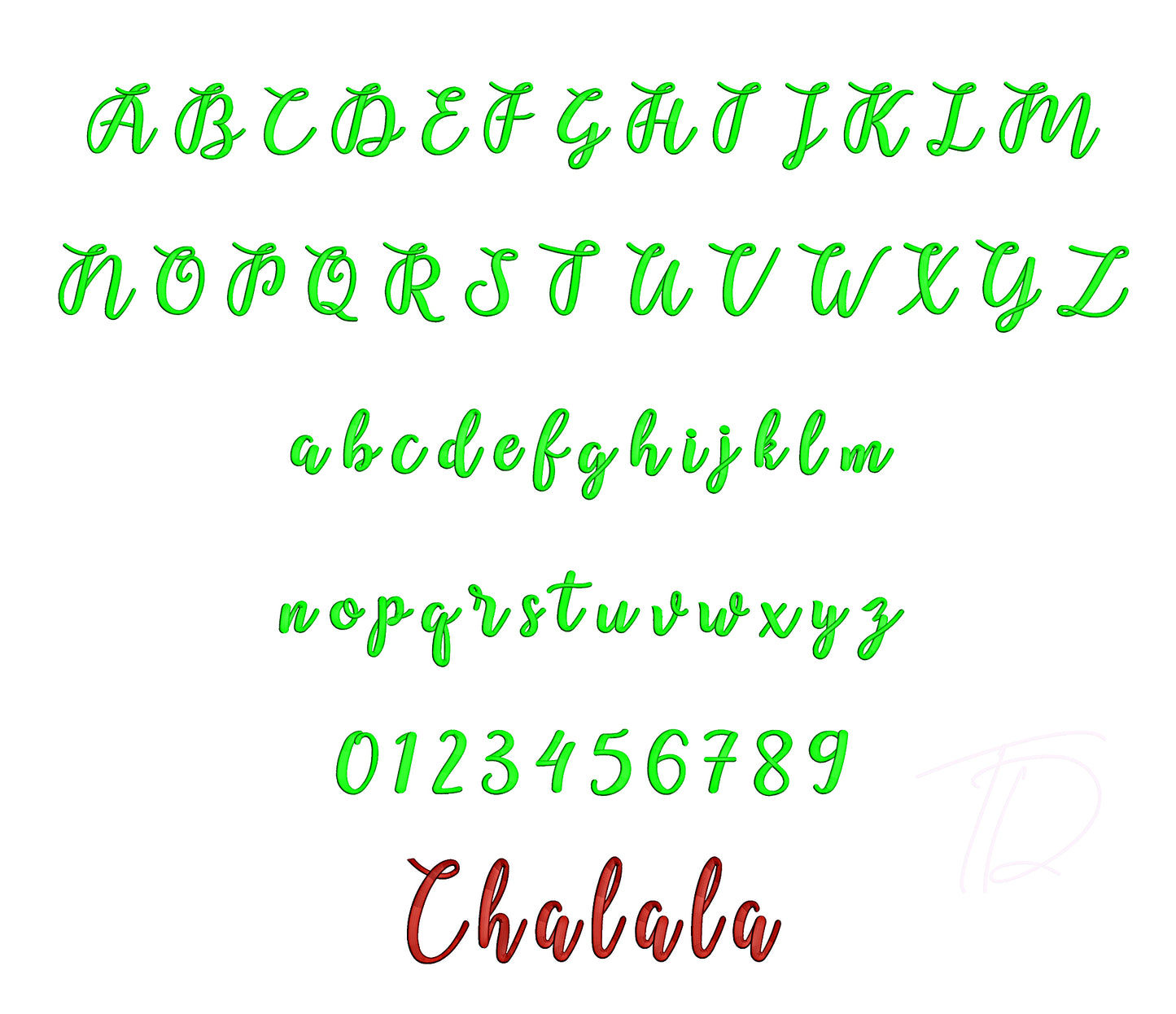 Chalala 3D puff embroidery digital font. PES DST BX file for embroidery machine. Instant download