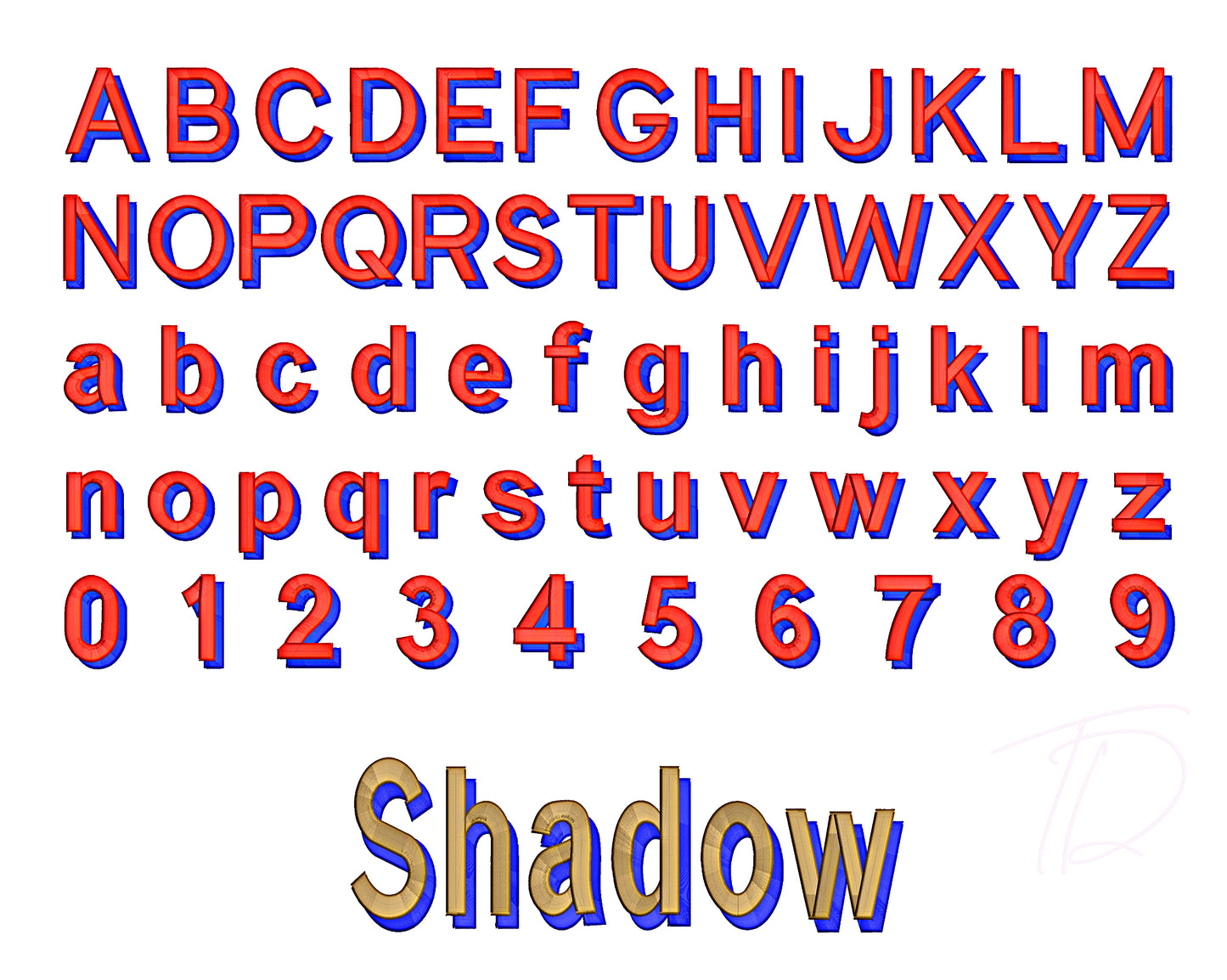 Shadow 3D puff embroidery digital font
