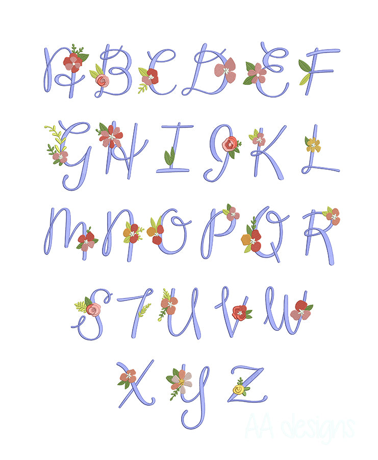 Flower embroidery font. Script embroidery font in floral. PES DST BX embroidery file