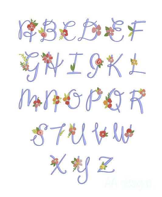 Flower embroidery font. Script embroidery font in floral. PES DST BX embroidery file
