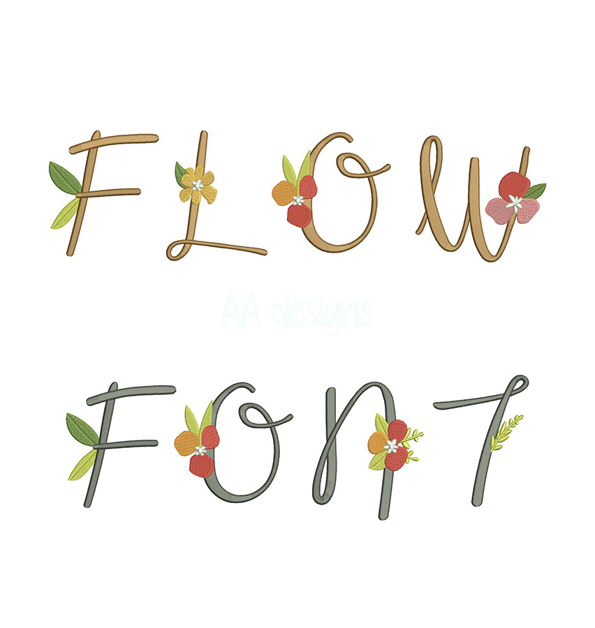 Flower embroidery font. Script embroidery font in floral. PES DST BX embroidery file