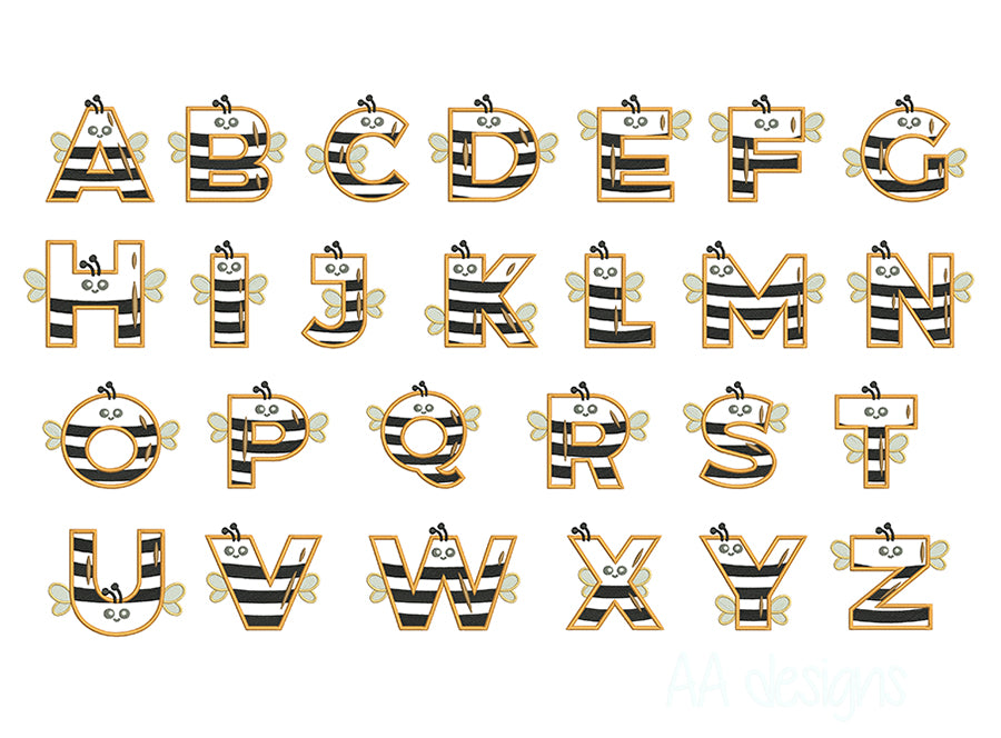 Bee applique embroidery digital font. Applique embroidery font with cute bee for baby