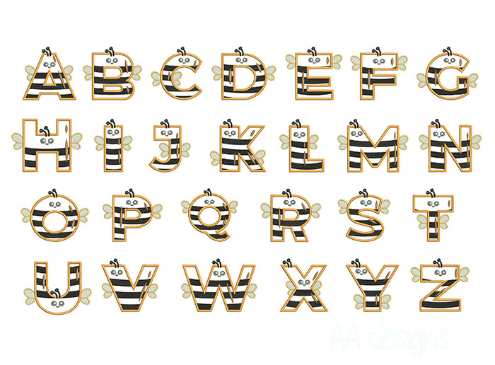 Bee applique embroidery digital font. Applique embroidery font with cute bee for baby