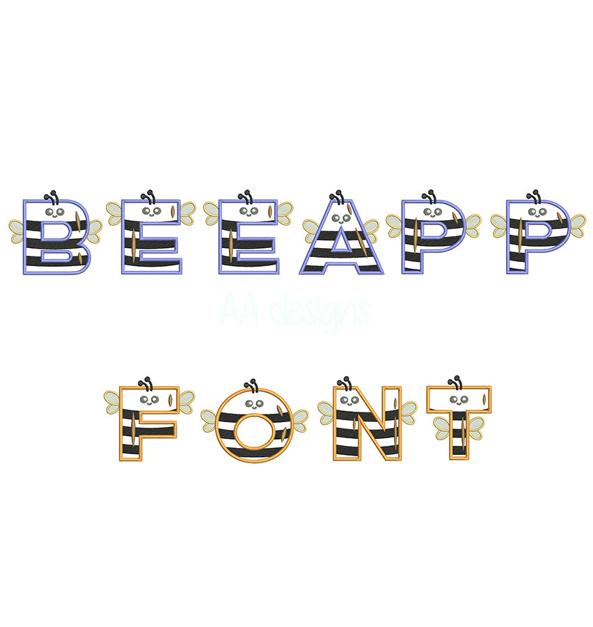Bee applique embroidery digital font. Applique embroidery font with cute bee for baby