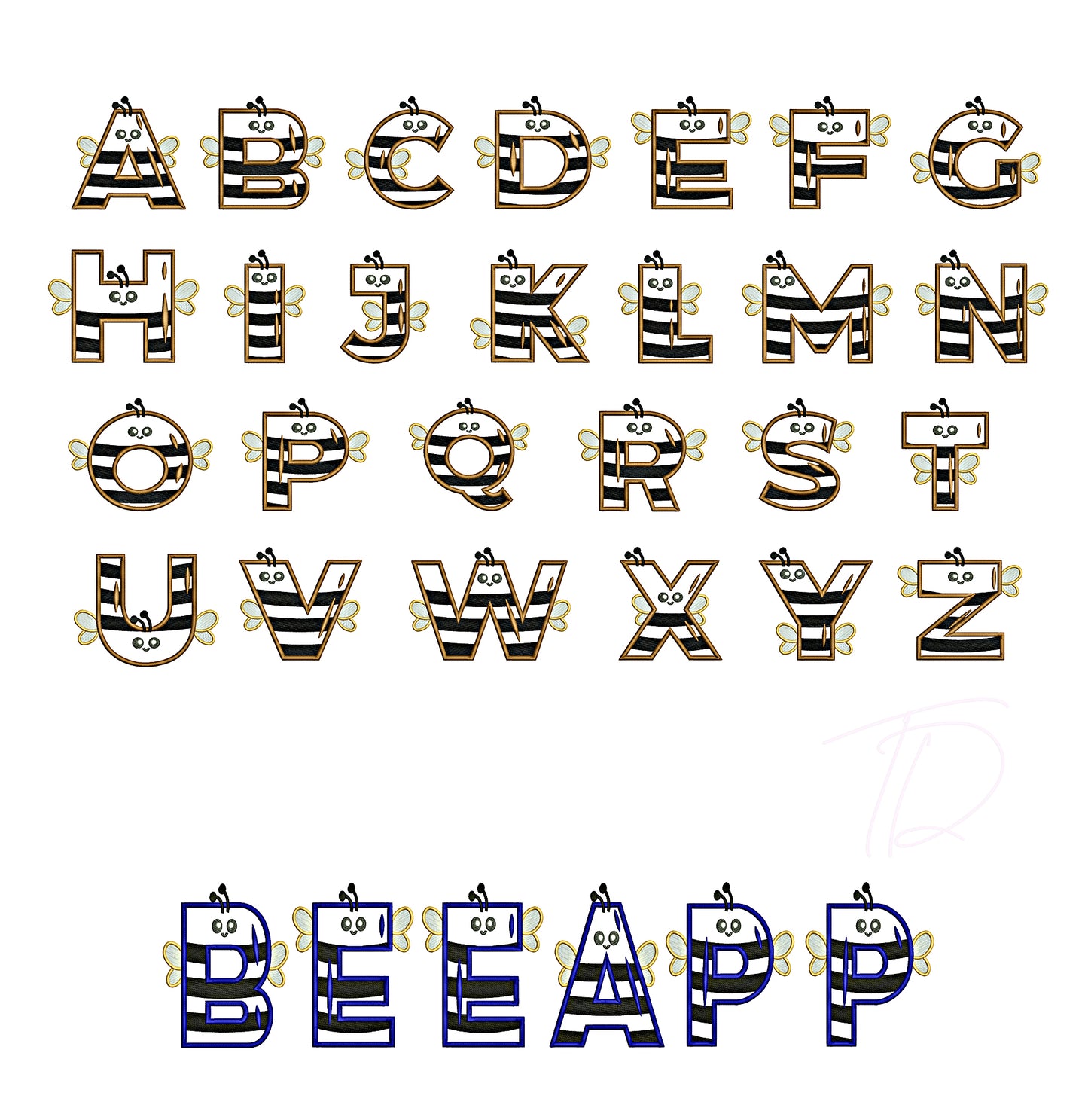 Bee applique embroidery digital font. Applique embroidery font with cute bee for baby