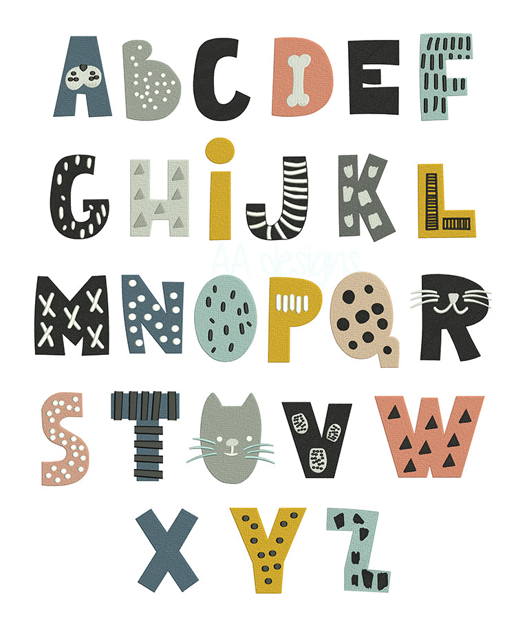 Animal embroidery digital font. Machine embroidery font for baby with cute animal