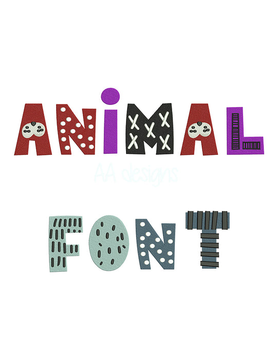 Animal embroidery digital font. Machine embroidery font for baby with cute animal