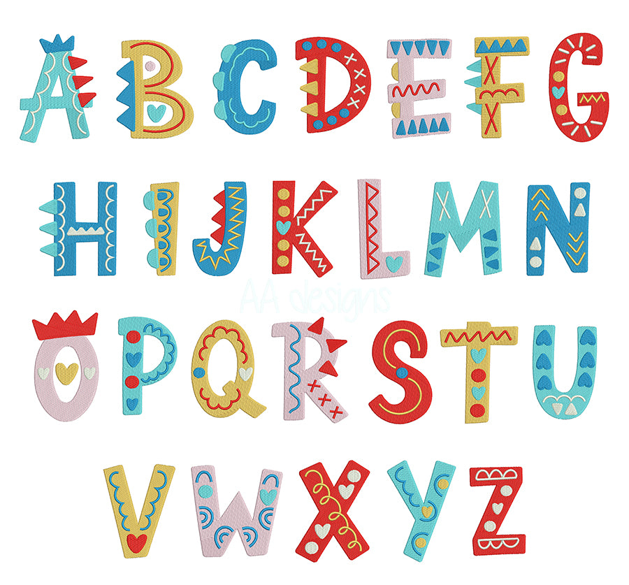 Funny kids embroidery digital font. Colorful embroidery font for baby.