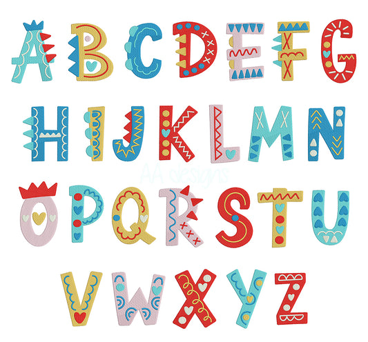 Funny kids embroidery digital font. Colorful embroidery font for baby.