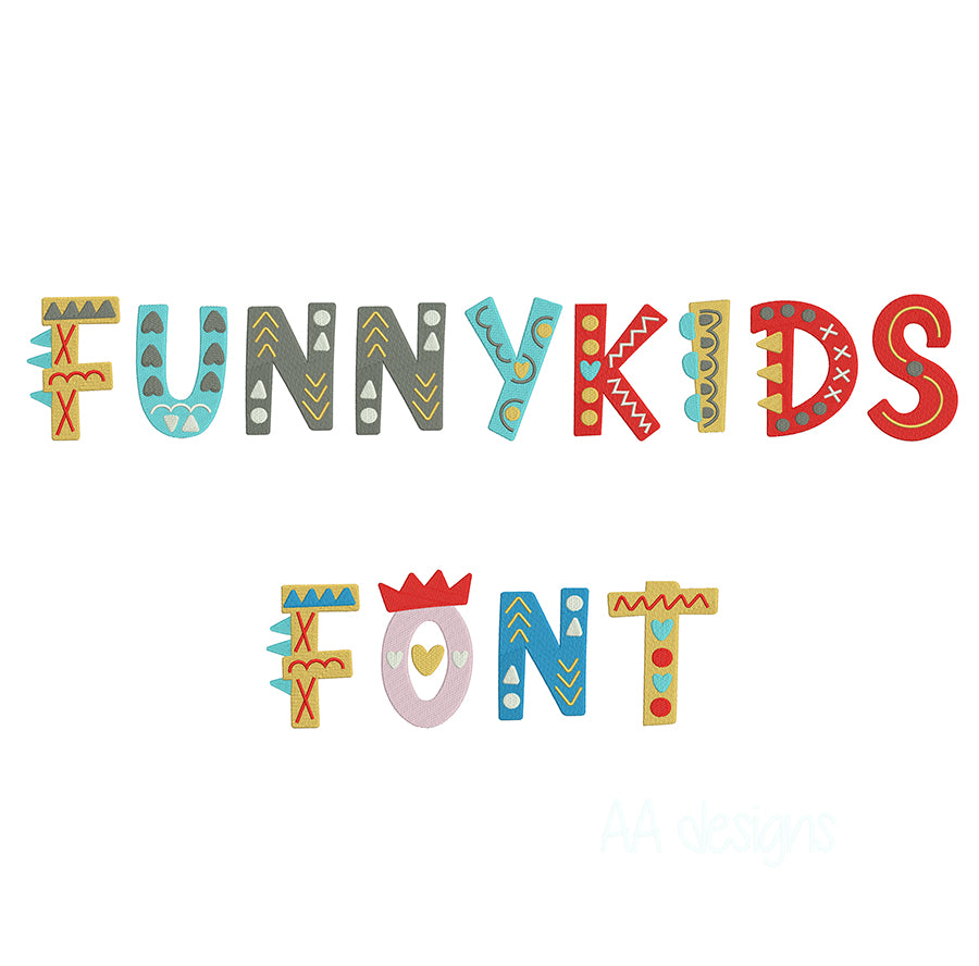 Funny kids embroidery digital font. Colorful embroidery font for baby.