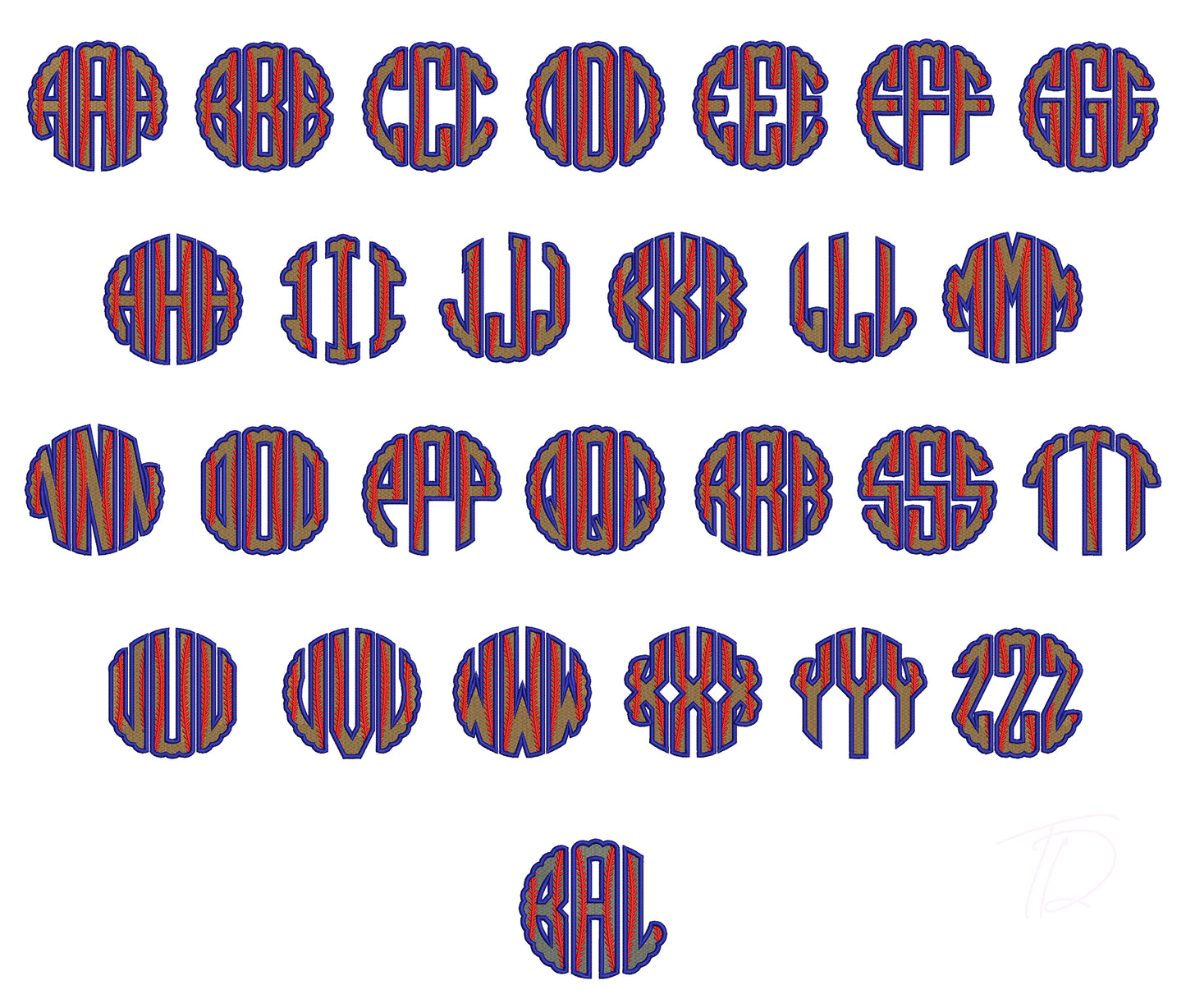 Scallop Baseball Fill Embroidery Font | BX PES DST Instant Download