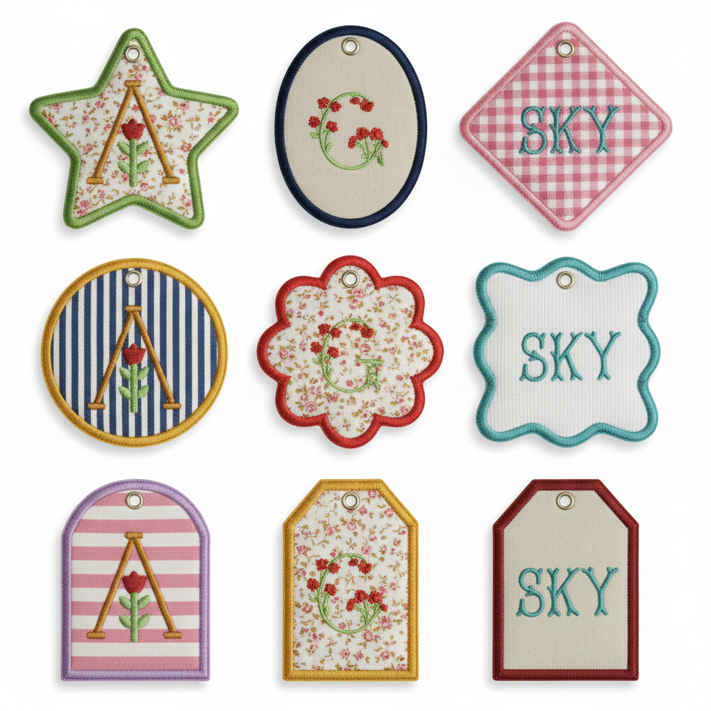 ITH Bag Tag Shapes Applique Bundle Scalloped Name Tag Embroidery Design.