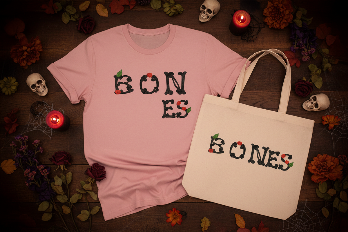 Bone Flower Halloween embroidery font mockup - gothic romantic style on t-shirt and tote bag