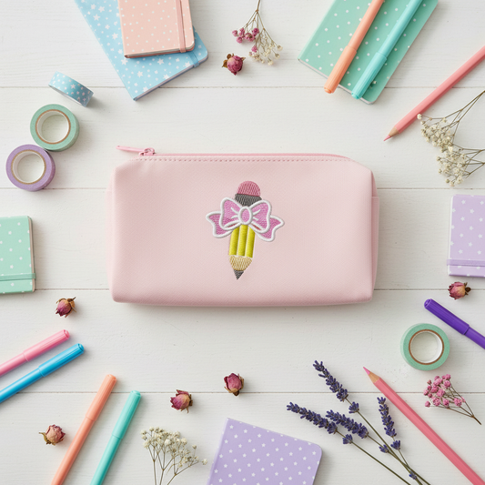 Bow Pencil on pencil case - editorial flat lay