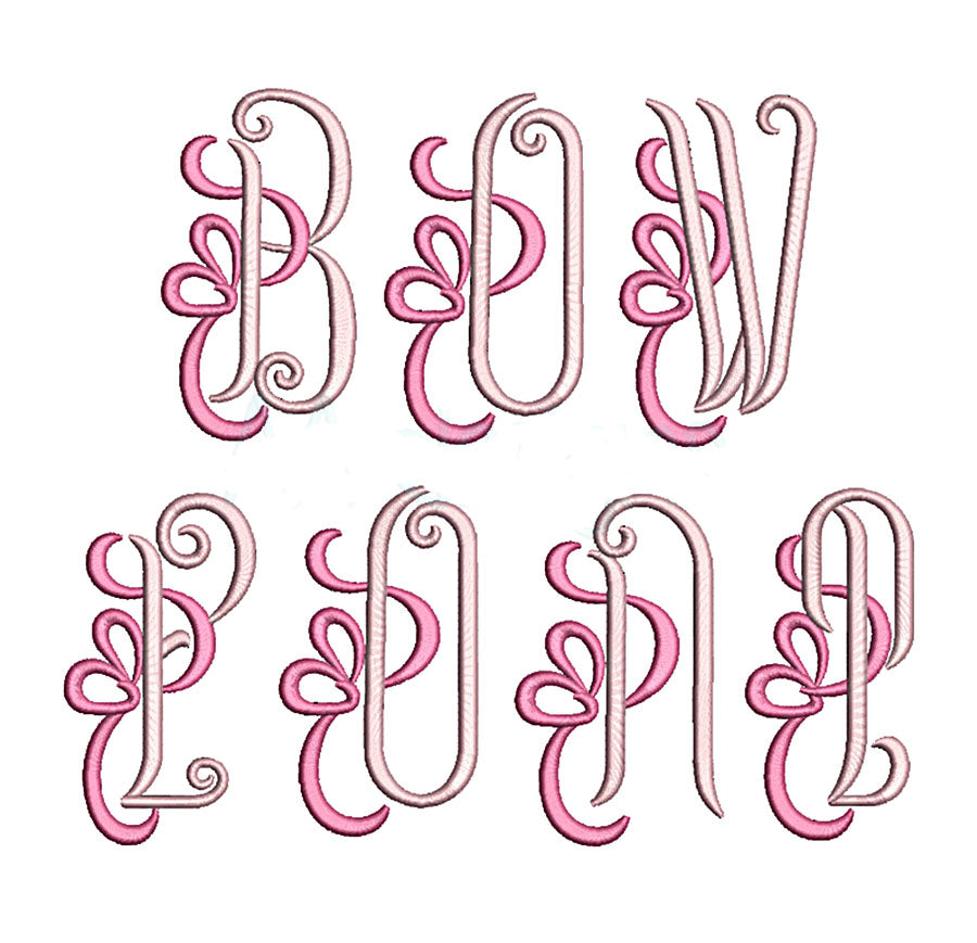 Bowtie embroidery font BX full alphabet A to Z with pink bow and swirl details