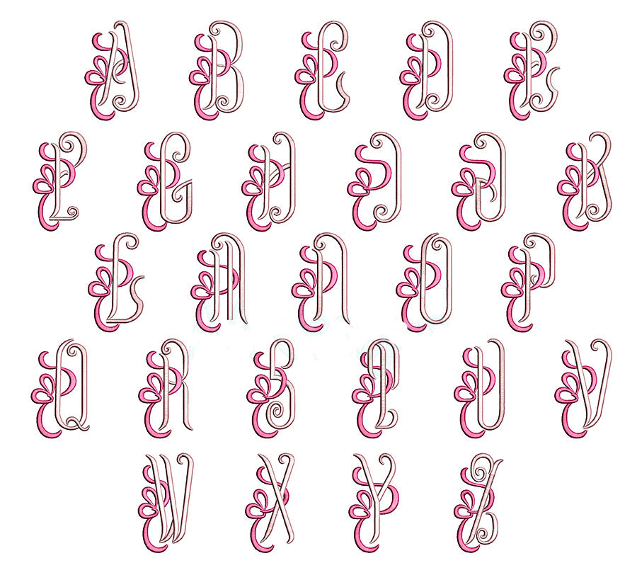 Bowtie embroidery font BX sample stitched in pink showing BOW LOVE letters with bow loops