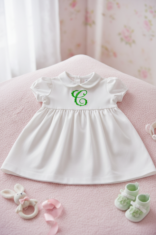 Scallop monogram C embroidery on baby girl dress