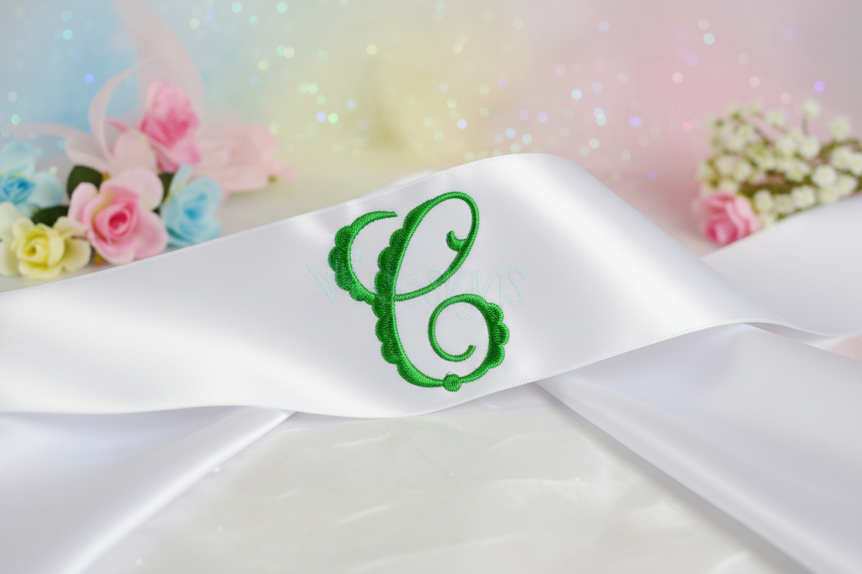 Scallop monogram C embroidery on pageant sash
