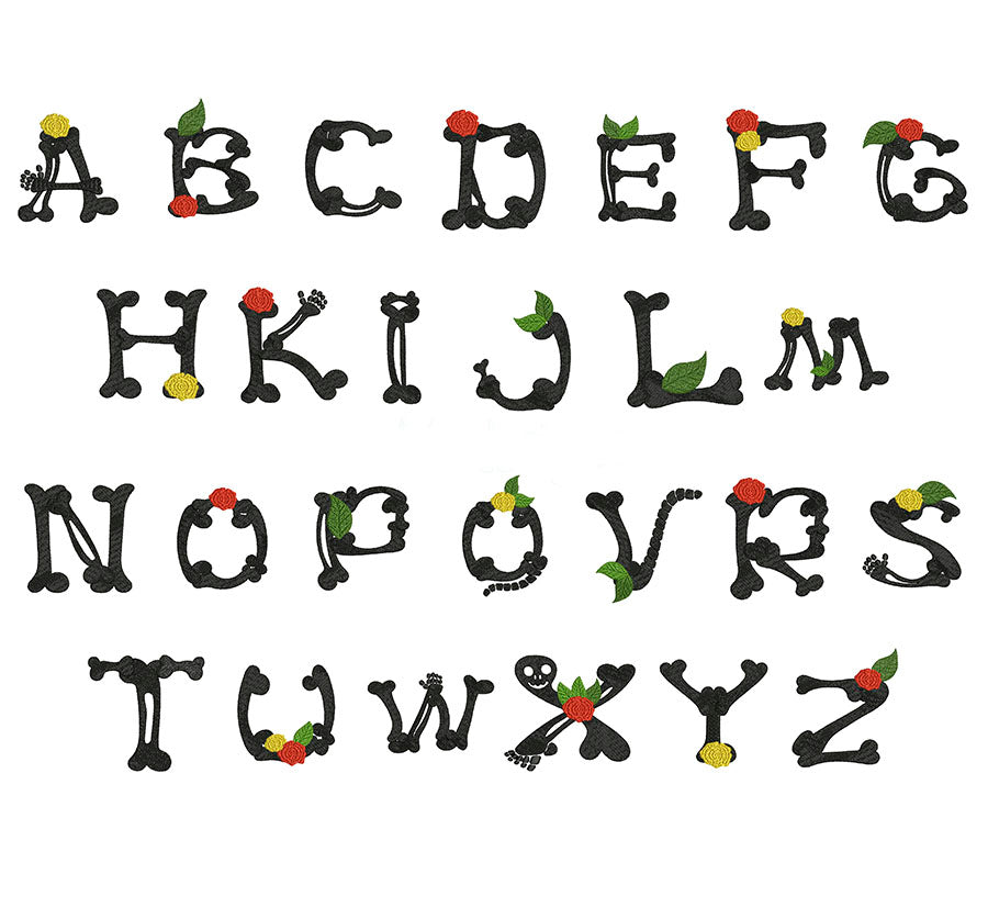 Decorative alphabet letters A through Z in a black stylized font, each accented with small red flowers, green leaves, yellow blossoms, and tiny animal motifs, arranged on a plain white background.