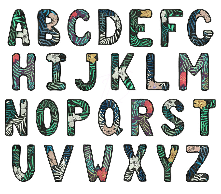 Hawaii machine embroidery uppercase alphabet A to Z with tropical leaves and flowers