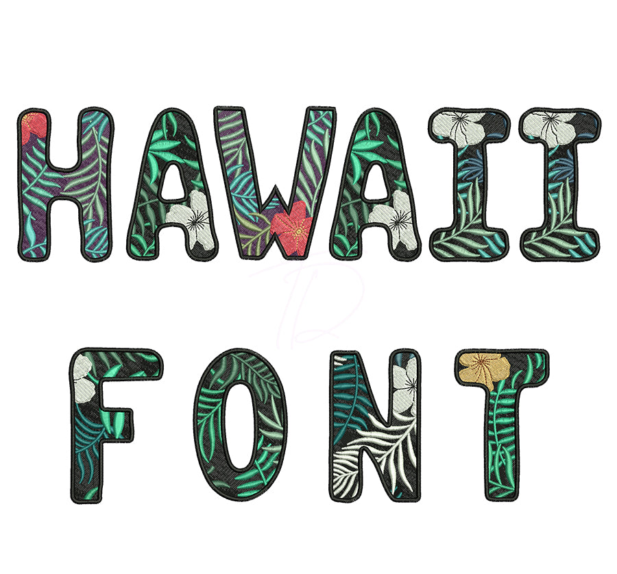 Hawaii embroidery digital font sample with tropical floral stitched letters