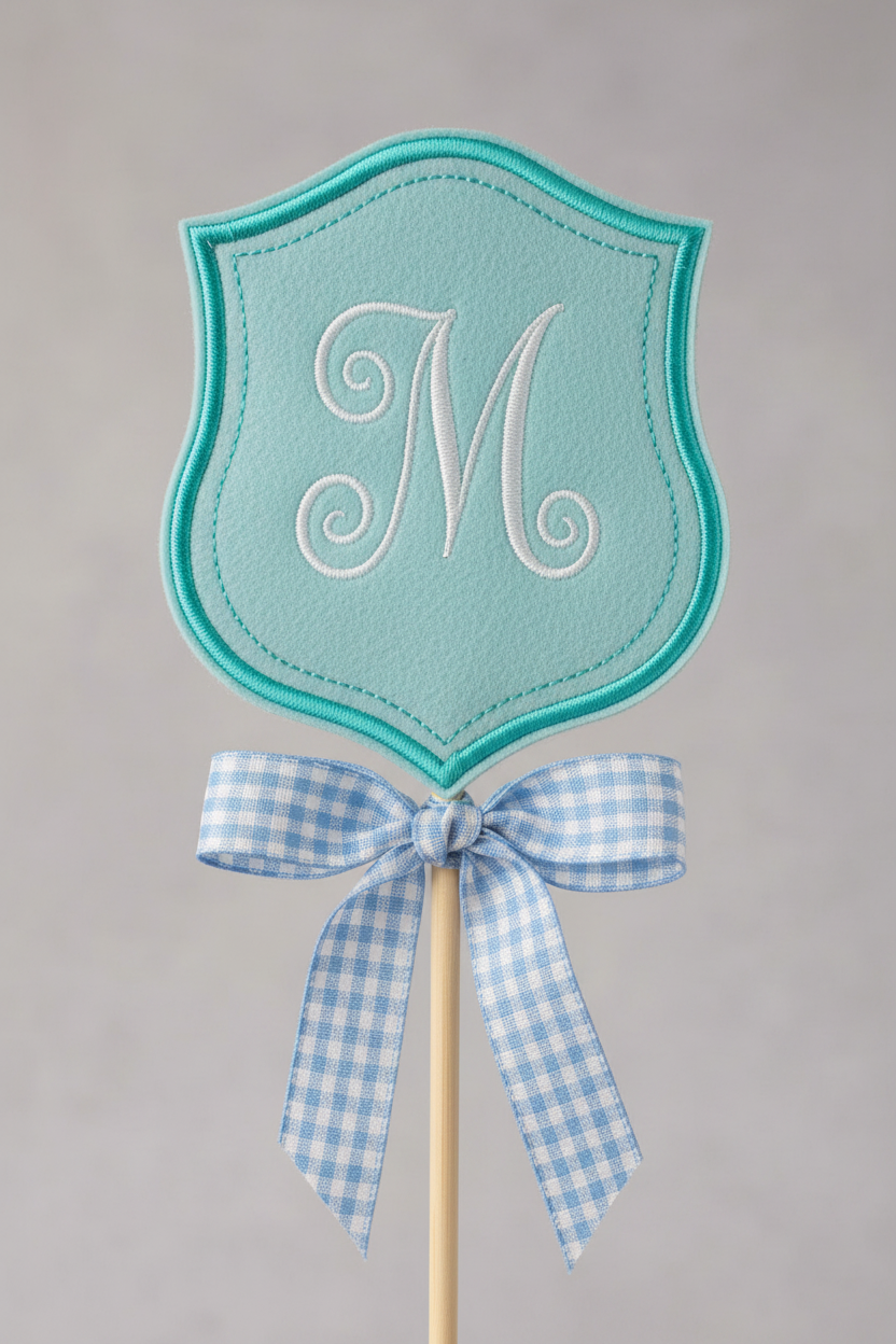 ITH Shield Shape Bag Tag - Teal double-line với nơ gingham, chữ M monogram