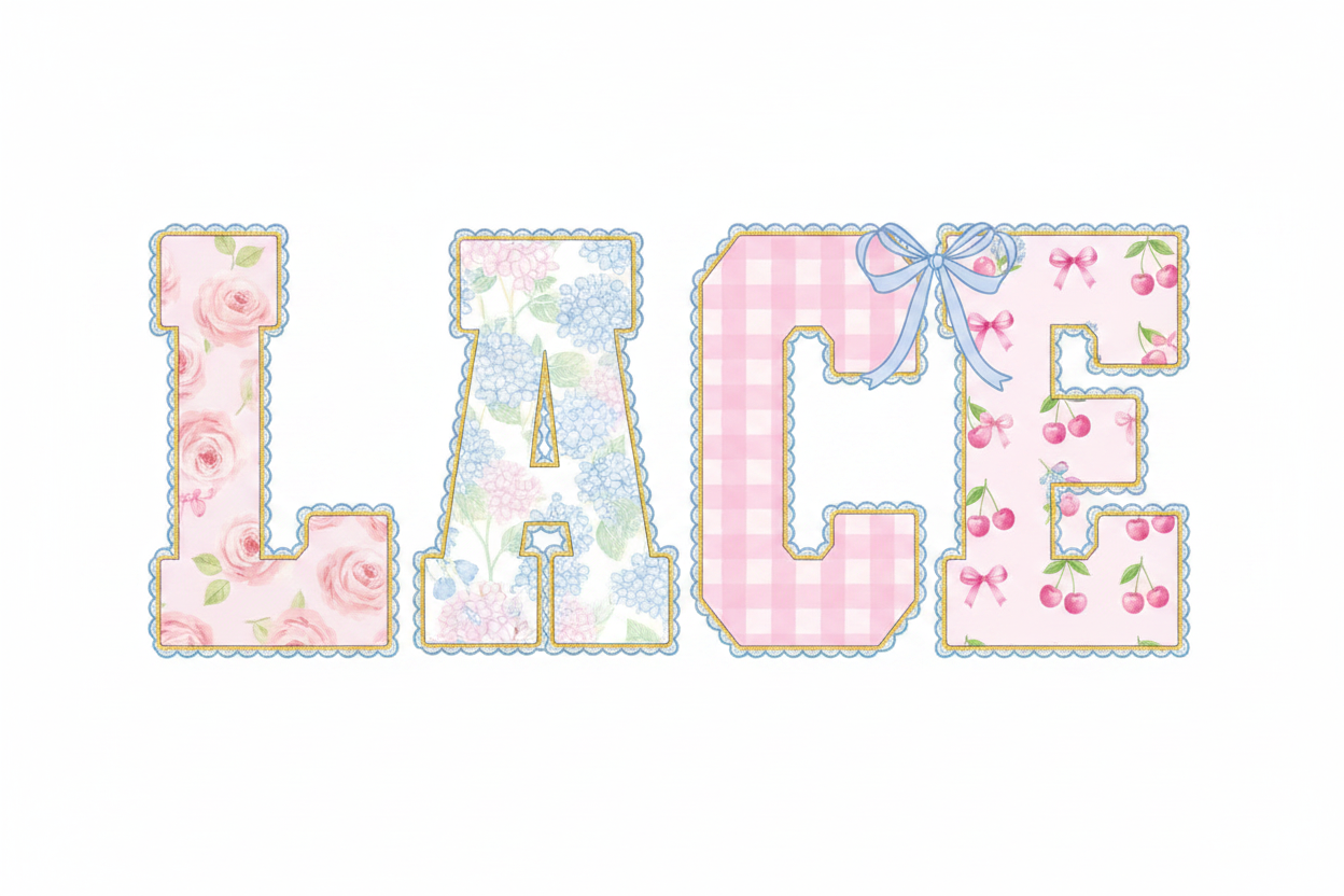Lace Varsity Applique Embroidery Font - LACE letters with floral patterns