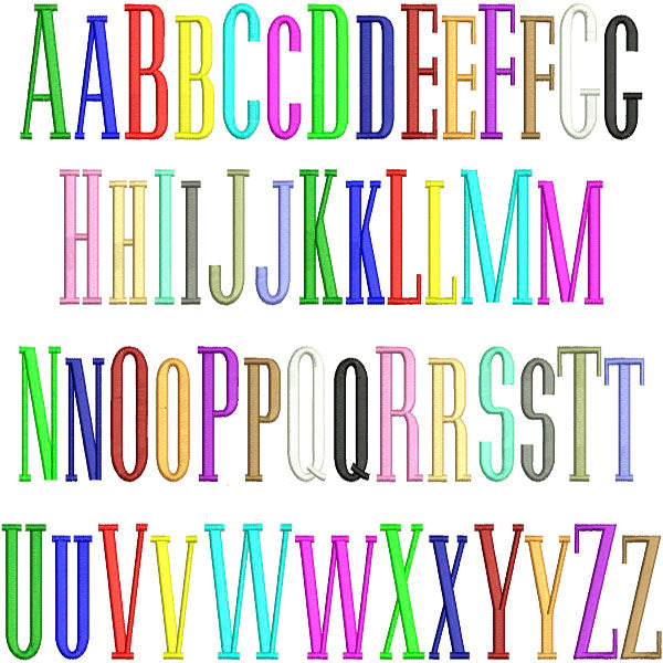 A set of colorful uppercase alphabet letters arranged in four rows on a plain white background, including A through Z with repeated variants above and below.