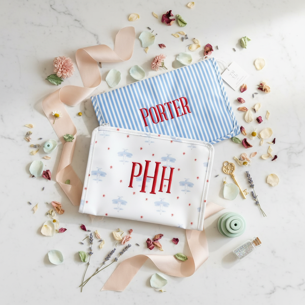 Porter font lifestyle flat lay with dried flowers on marble
