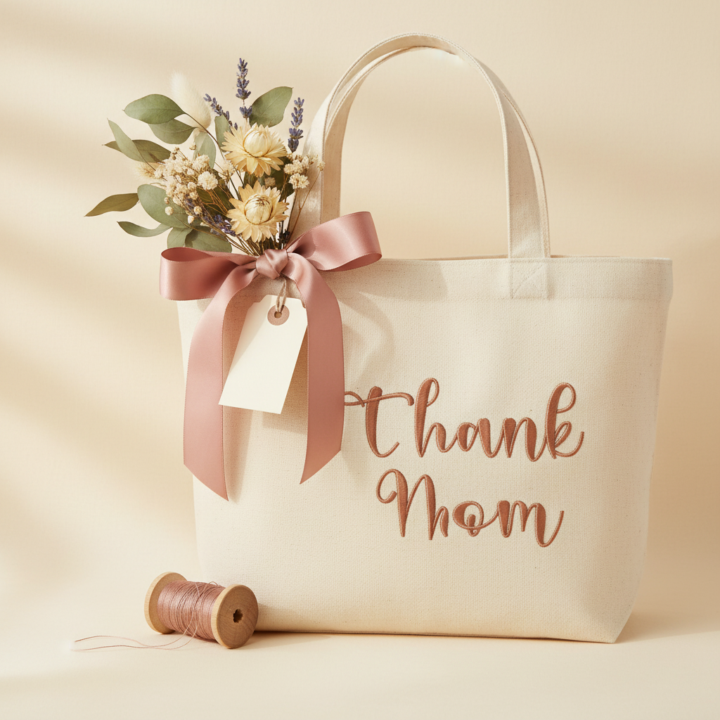 Thank Mom embroidery script stitched on an ivory linen tote bag for a Mother's Day gift