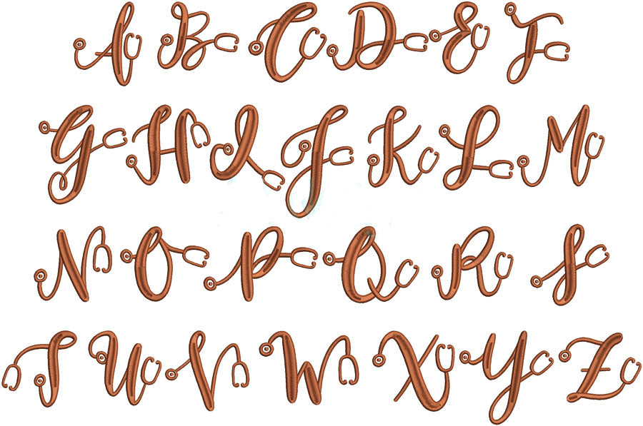 Stethoscope Embroidery Script Font for instant download. DST, PES, BX and all files.