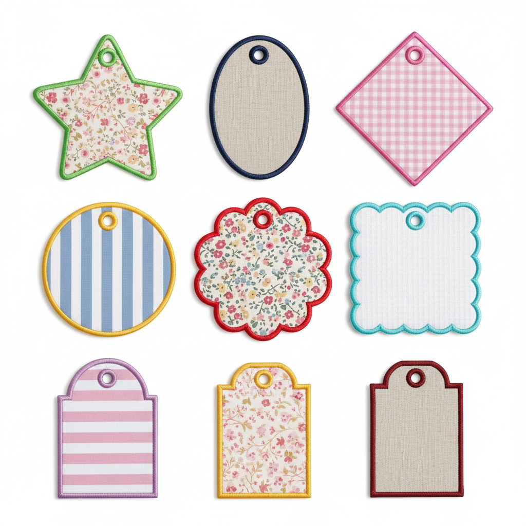 ITH Bag Tag Shapes Applique Bundle Scalloped Name Tag Embroidery Design.